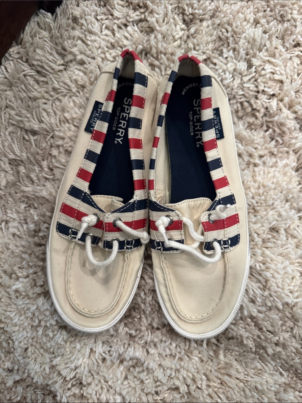 Sperry Cream Canvas Boat Shoes with Red & Navy Stripes